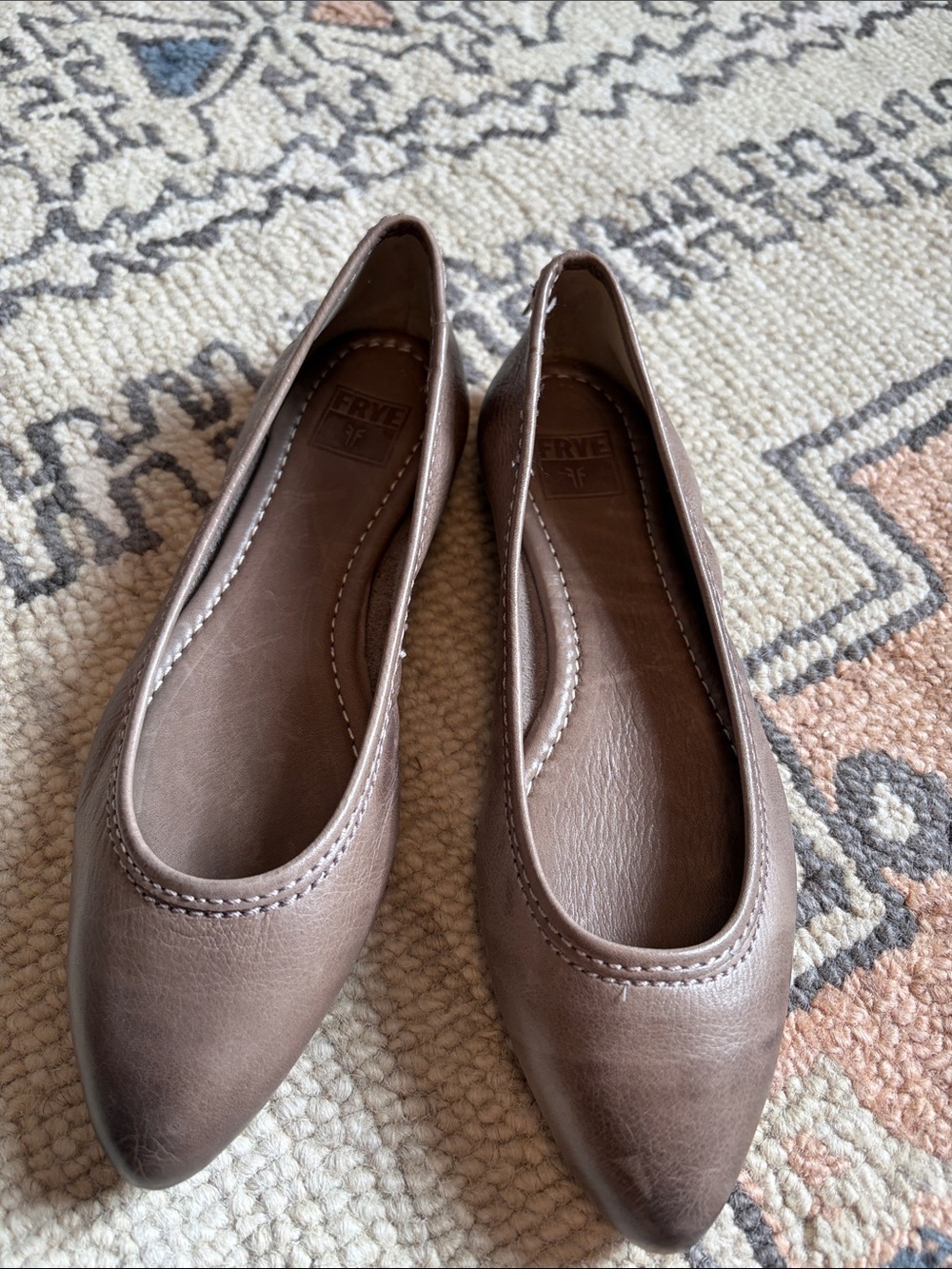 Frye Taupe Leather Regina Pointed-Toe Ballet Flats